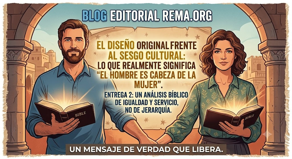 Un hombre y una mujer sosteniendo Biblias bajo un arco, con el título del artículo sobre el diseño original de Dios frente al sesgo cultural